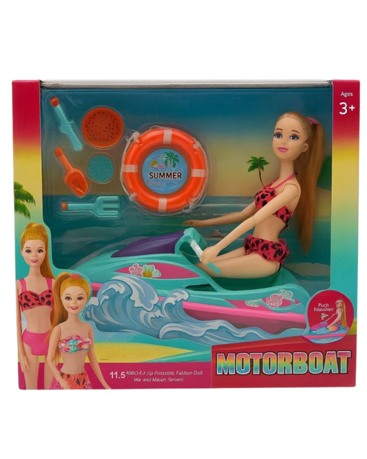 Papusa Fashion cu Skijet Motorboat si Accesorii de Plaja
